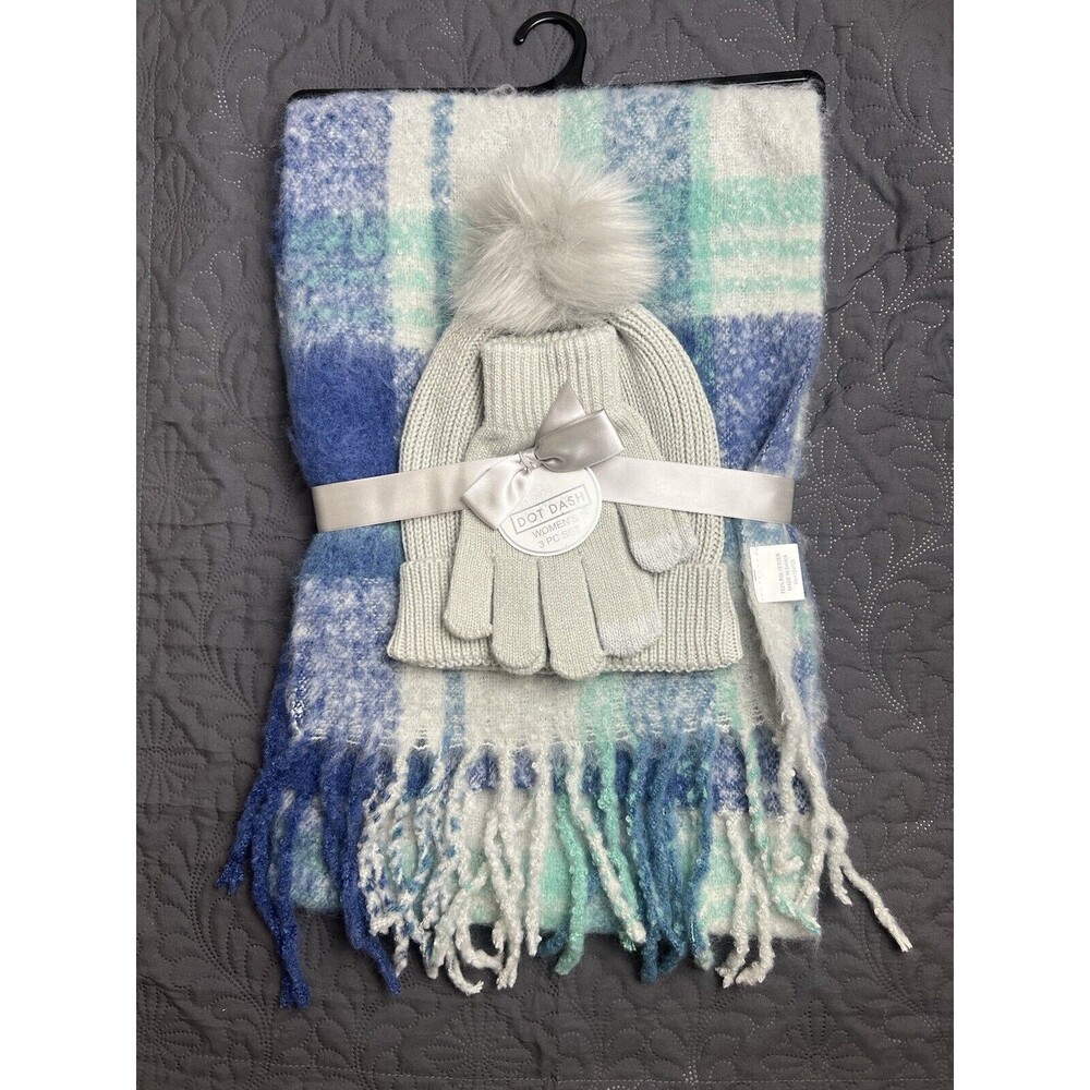 Dot Dash 3pc Cable Knit Pom Pom Hat, Gloves & Scarf Multi NWT Fall Winter Chic